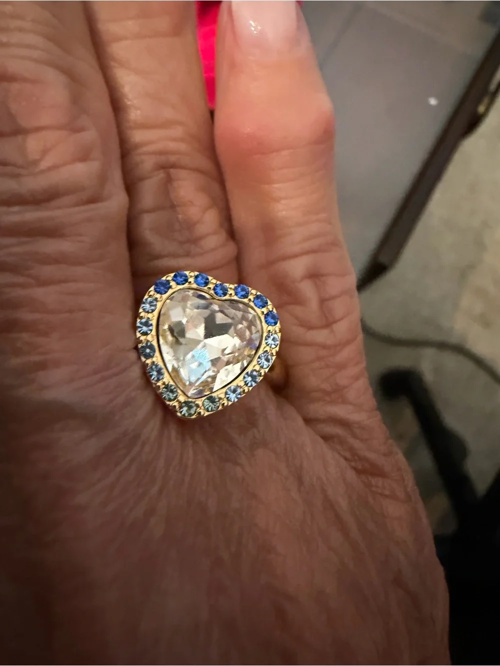 Kurt Geiger Gold Heart Ring with Clear Center and Blue Accents size 7 3/4